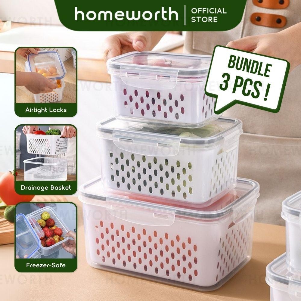 HOMEWORTH Double Layer Refrigerator Storage Box Fridge Fresh Vegetable Fruit Boxes Drain Basket Containers Lid Kitchen