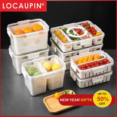 Locaupin Food Storage Containers Stackable Refrigerator Organizer Bins with Lids with Removable Compartment Basket