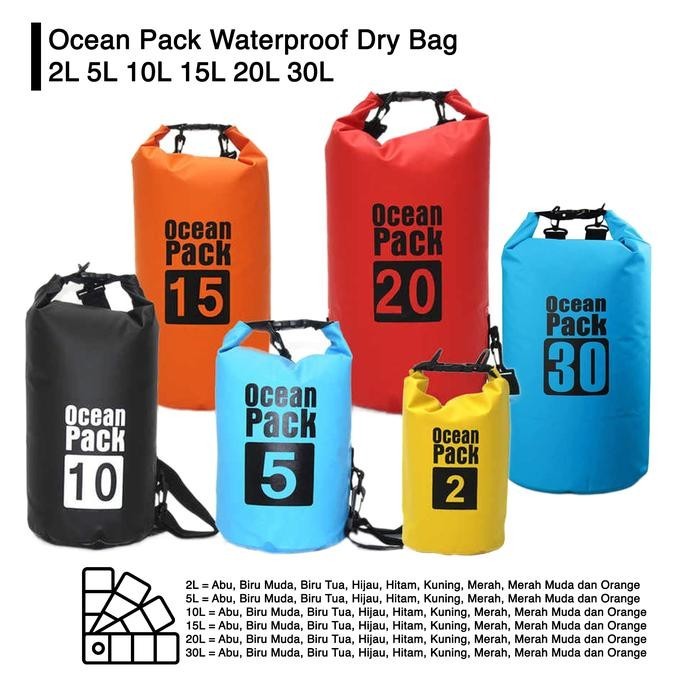 HIJAU MERAH OCEAN PACK Dry Waterproof Outdoor Bag Waterproof Travel Backpack Fishing Swimming Beach Multi Color Gray, Lightbiru, Darkbiru, Green, Black, Yellow, Red, Pink and Orange. Size 2L 5L 10L 15