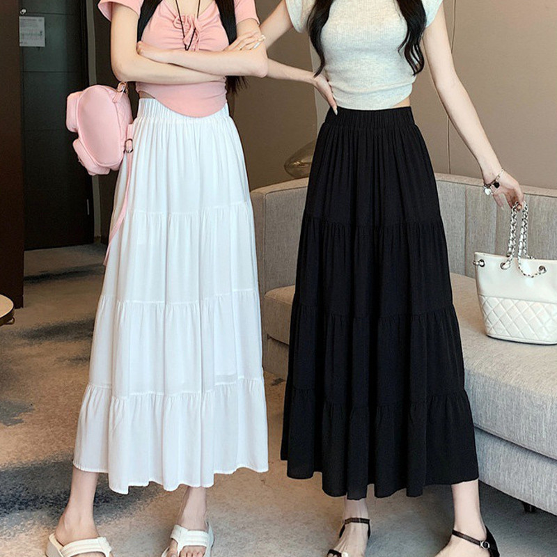 【Malaysia stock】Solid Color High Waist Pleated Skirt Women Chiffon A-line Skirt Mid Length Cake Skirt SL