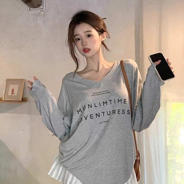 oversized shirt woman blouse women 300jin saiz tambah wanita gemuk kakak musim bunga dan musim luruh V leher kemeja-t lengan panjang malas gaya longgar blaus panjang midi bahagian atas ins