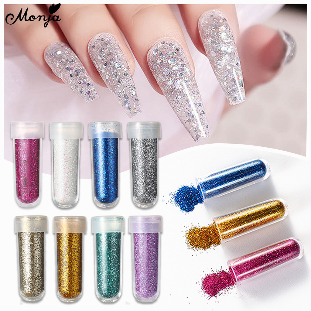 Monja Nail Art Sparkling Powder 8 Colors Glitter Chrome Pigment Dust Shiny Holographic Diamond Powder Manicure Desiogn Decorations Accessories