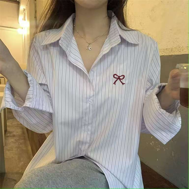 ?Zsndp? [Ready Stock In Malaysia] Blouse Women Baju Kemeja Perempuan Korean Style Striped Women Sweet Western Style Long-Sleeved Shirt Top