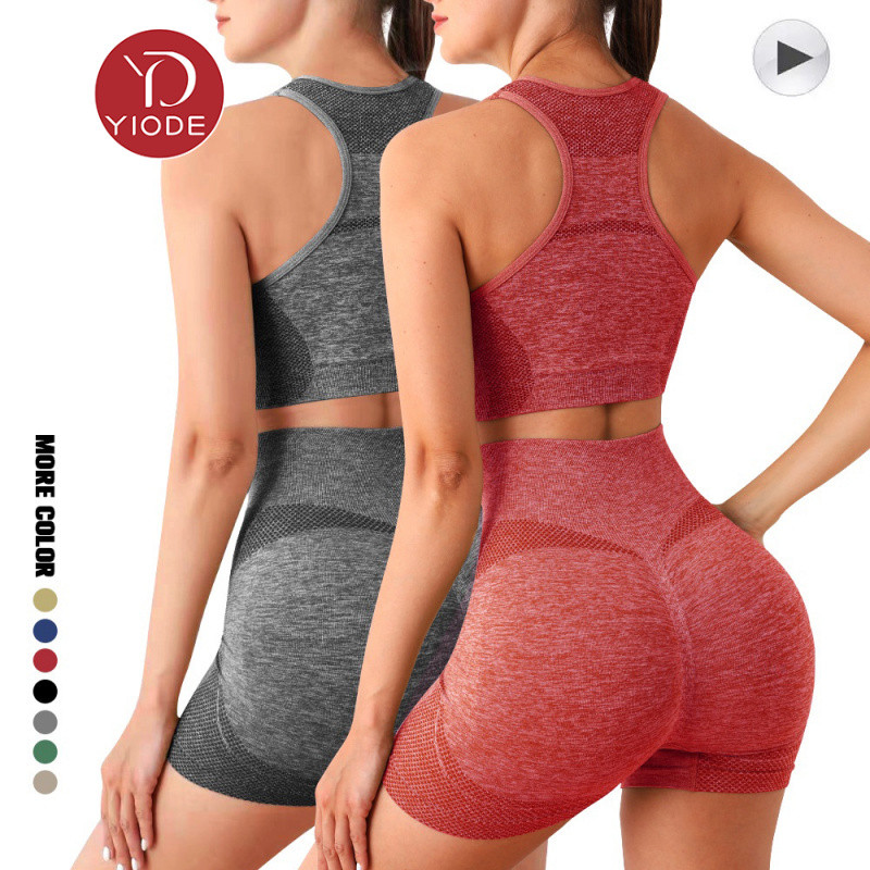 Yiode 40-90kg Women's seamless high waisted tight yoga sportswear bra shorts fitness set
