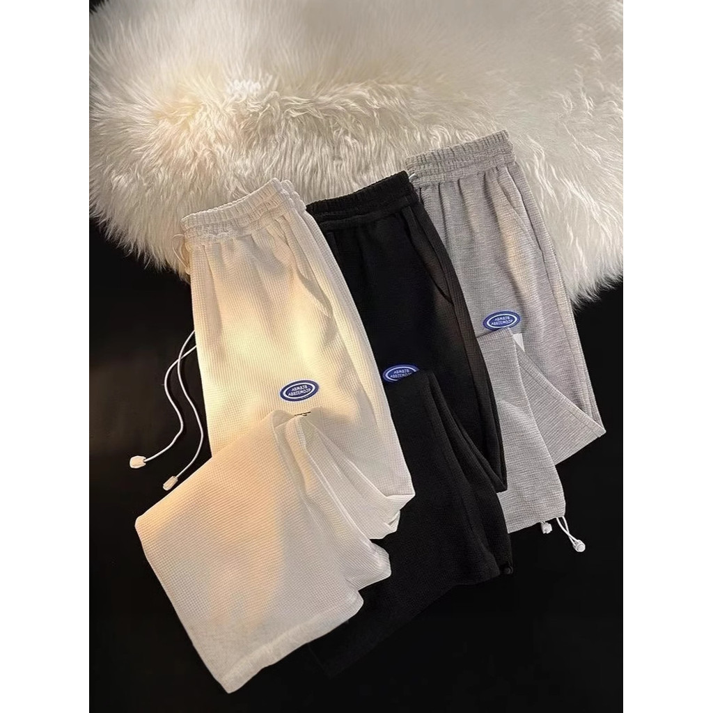 [M-5XL]Waffle Sweatpants Men's Loose Wide Leg Straight Leg Casual Pants Versatile Retro Drawstring Pants