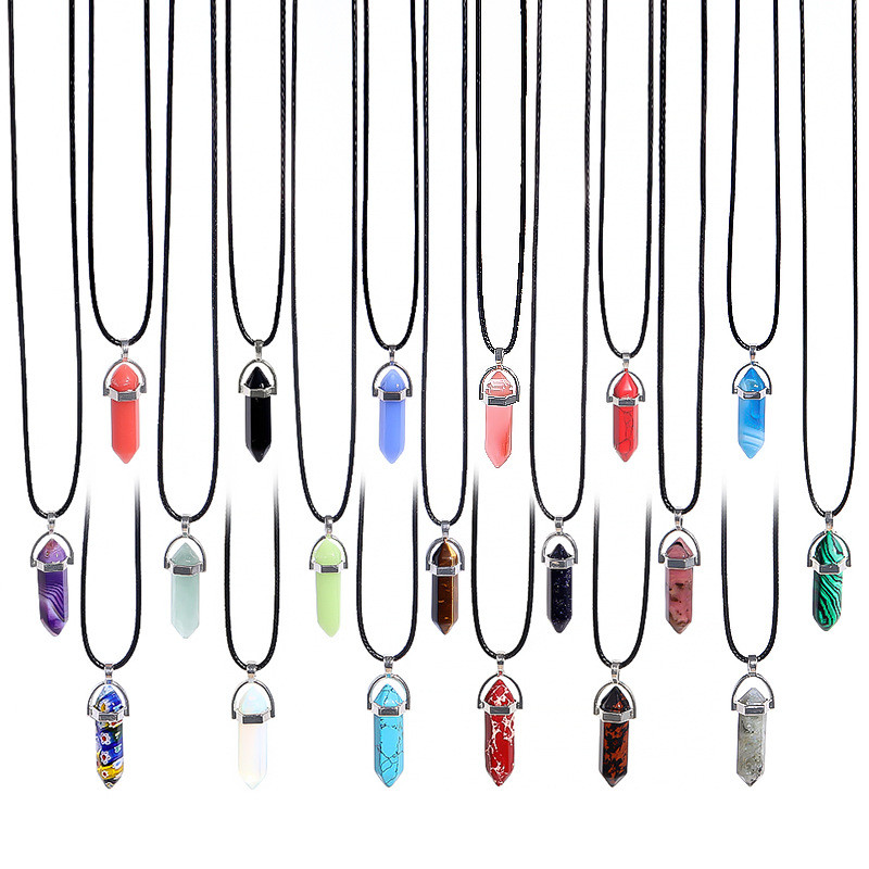 Natural Crystal Point Chakra Healing Ethnic Style Necklace Gemstone Energy Stone Spirit Pendulum Crystal Hexagonal Column Quartz Column Wishing Pendan