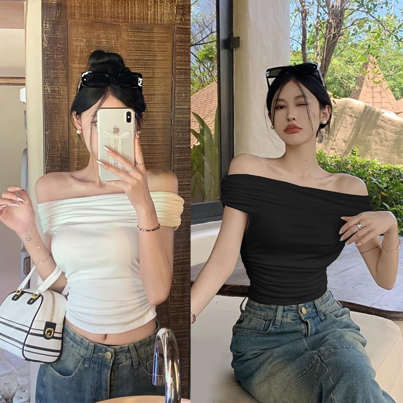 Off-Shoulder Top White Tight Short Style Open Back Shirt Crop Show Off Sexy Navel Hot Girl Lady Clothing Women