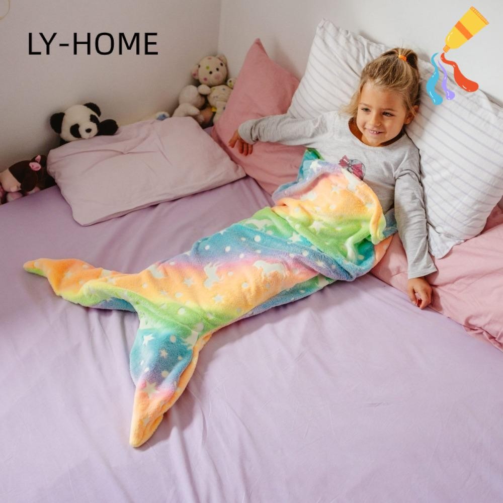 LY-HOME Mermaid Tail Blanket, Night Glow Soft Rainbow Mermaid Blanket, Cute Wearable Flannel Kids Blankets for All Seasons