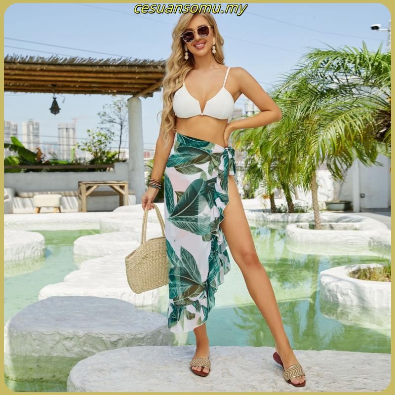 Women Summer Beach Swimsuit Cover Up Boho Tropical floral Print Tie Waist Split Wrap Chiffon Skirt