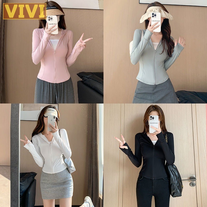 Jaket Bertudung Slim Fit Sun Protection Top Ice Silk Breathable UV Protection Slim Fit Hooded Jacket for Summer T334