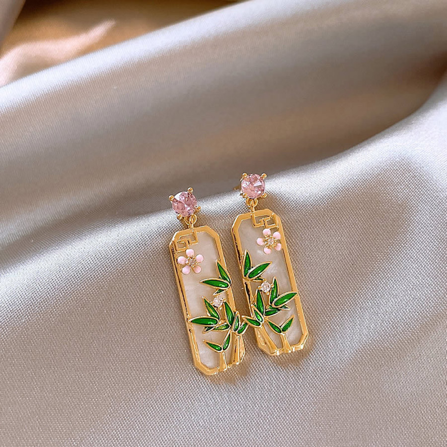 New Chinese Style Enamel Colorful Bamboo Leaf Diamond Earrings Unique High-End Earrings Classy Earrings Earrings Women