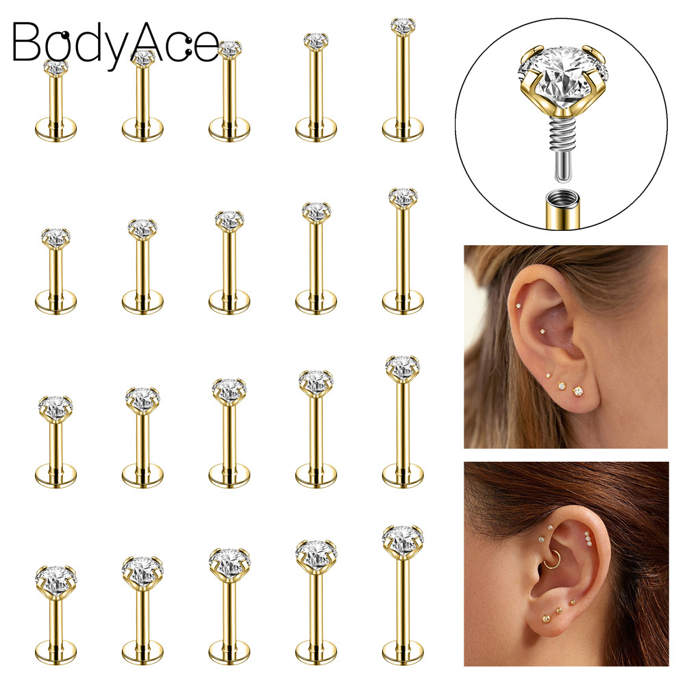 Bodyace 1 Pc 16G/18G Earring Crystal Ear Piercing Conch Earring Lip Piercing Helix Earring Gold Ear Stud