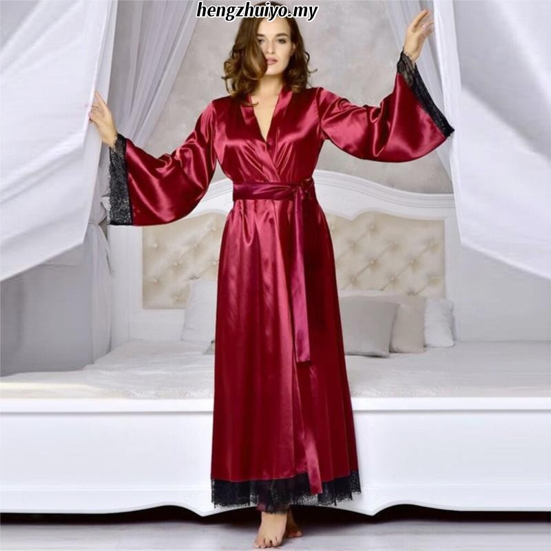 d e n i s e sWomen Sexy Long Silk Dressing Bath Robe Lace Lingerie Wine Red Nightdress