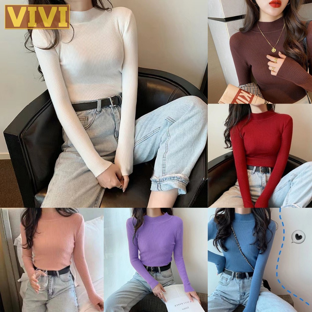 Sweater Lengan Panjang  Long Sleeve Knit Turtle Neck Autumn Winter Slim Fit Knitted Top Casual Basic Sweaters T346