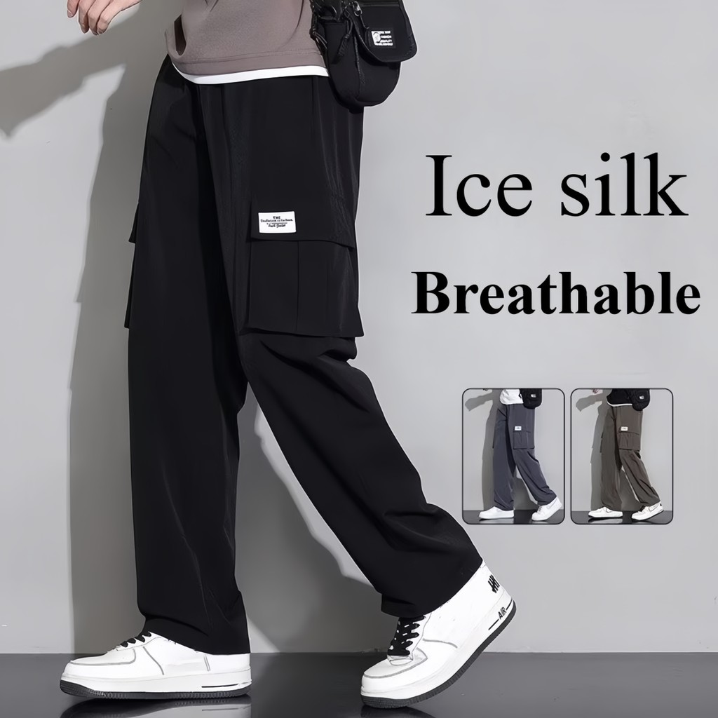 Men Cargo Long Pants Big Functional Pocket Trousers Seluar Panjang Lelaki cargo pants men Ice Slik Drawstring Loose Cool and Comfortable Pants Seluar Kargo Lelaki