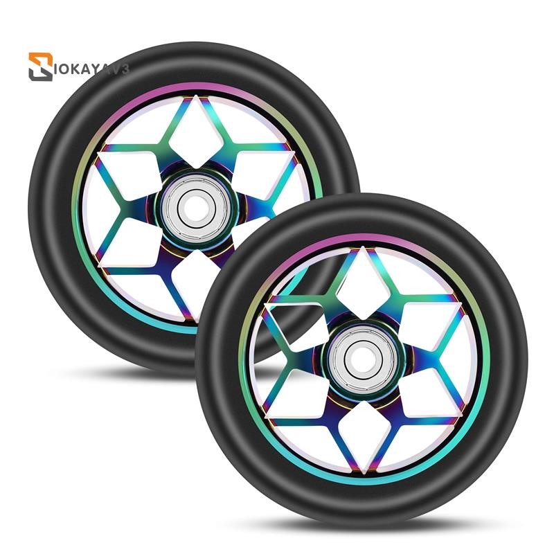 2 Pcs Scooter Accessories 110mm Scooter Wheels Colorful Pu Wheels Thick Stunt Car Wheels with Bearings(Black)