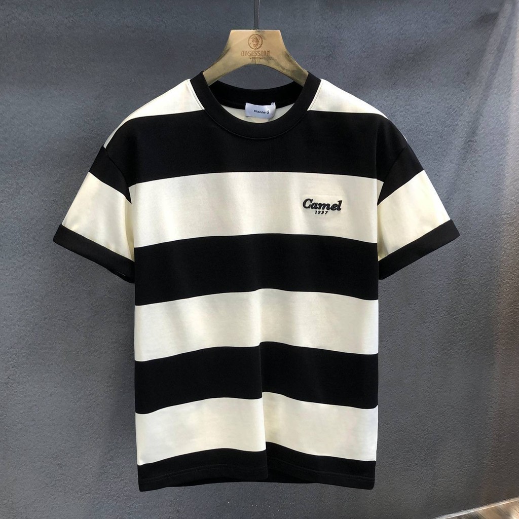 Men's T-shirt, high-end black apricot wide checkered striped T-shirt