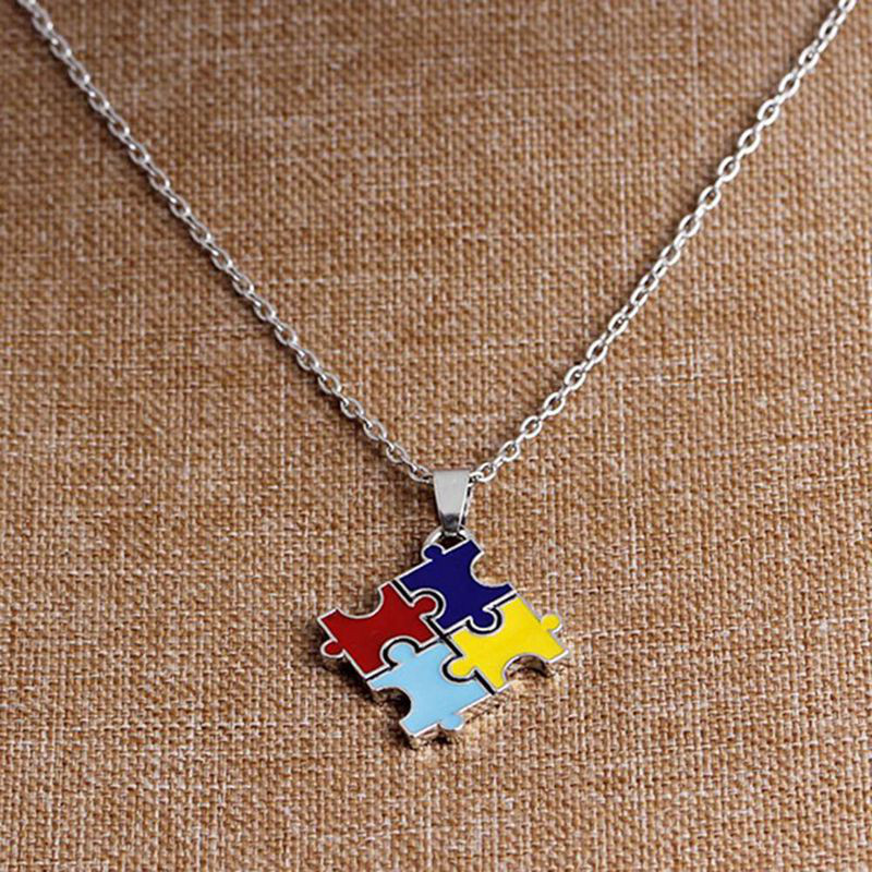 BCFSIP 1 Pc Multi-Color Autism Stitching Square Puzzle Chain Necklace Jewelry Gifts