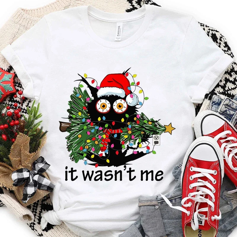 It Wasn's Me Christmas Cat Female Clothing Christmas Tree Casual Fashion Aesthetic Short Sleeve TShirts Cartoon Women T-Shirts