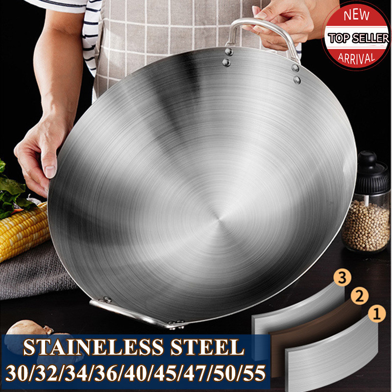 30-55CM Large Size Stainless Steel Double Ears Non-stick Wok High Quality Double Handle Household Kitchen Frying Pan