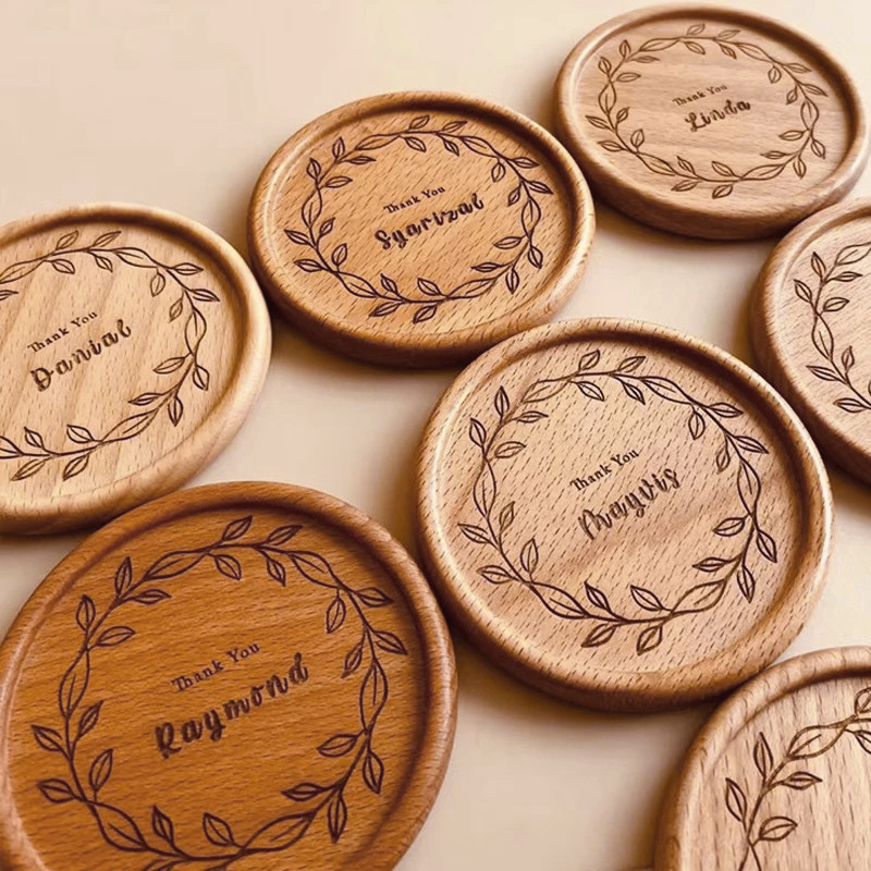 Free Custom Solid Wood Coaster, Natural Wooden Cup Mat Personalized Laser Engraved Logo Name Wedding Thank You Party Favor Gift