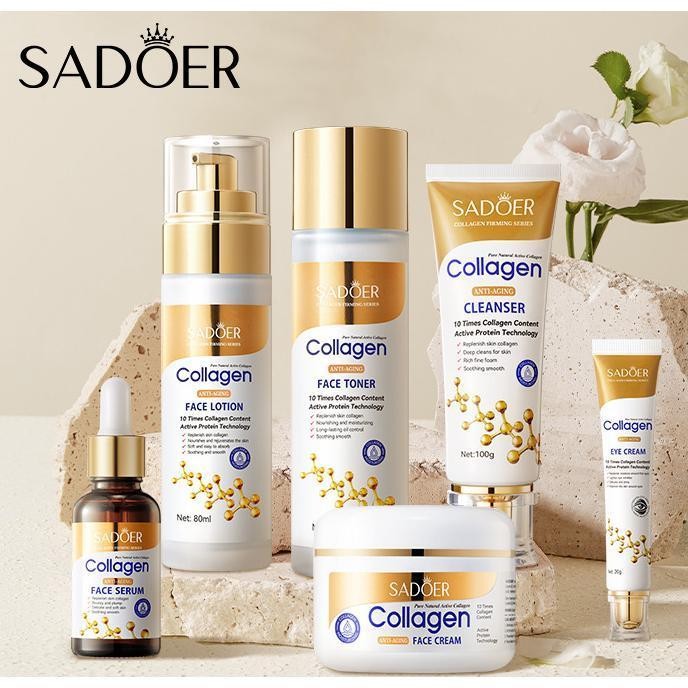 Set Penjagaan Kulit 6-dalam-1 Sadoer Collagen Anti-Kedut, (Toner, Losyen, Serum, Krim Mata, Krim Muka, Pencuci Muka)