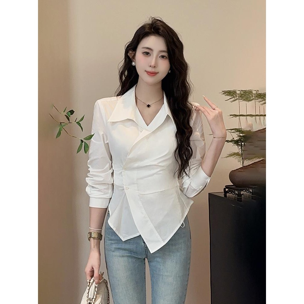 W402-Kemeja lengan panjang lapel pinggang tidak teratur untuk wanita, reka bentuk jalur, perangai fesyen khusus, atasan