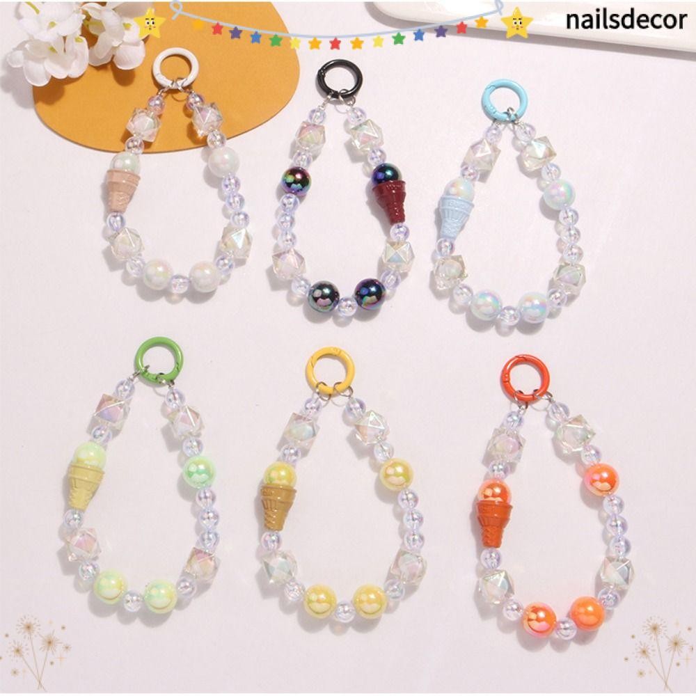 YUSENS Keychain Pendant, Keychain Colored Round Bead Colorful Phone Lanyard, Fashion Bling Bling Ice Cream Cone Cute Bow Headphone Decoration Phone Accessories