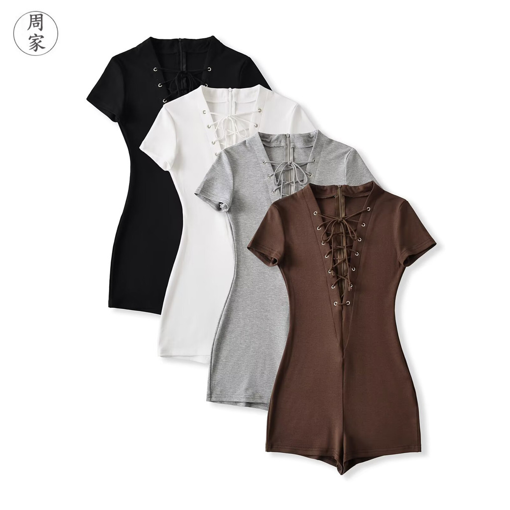 Skinny Short-Sleeve Jumpsuit with Rope Straps - Stylish Summer Wear