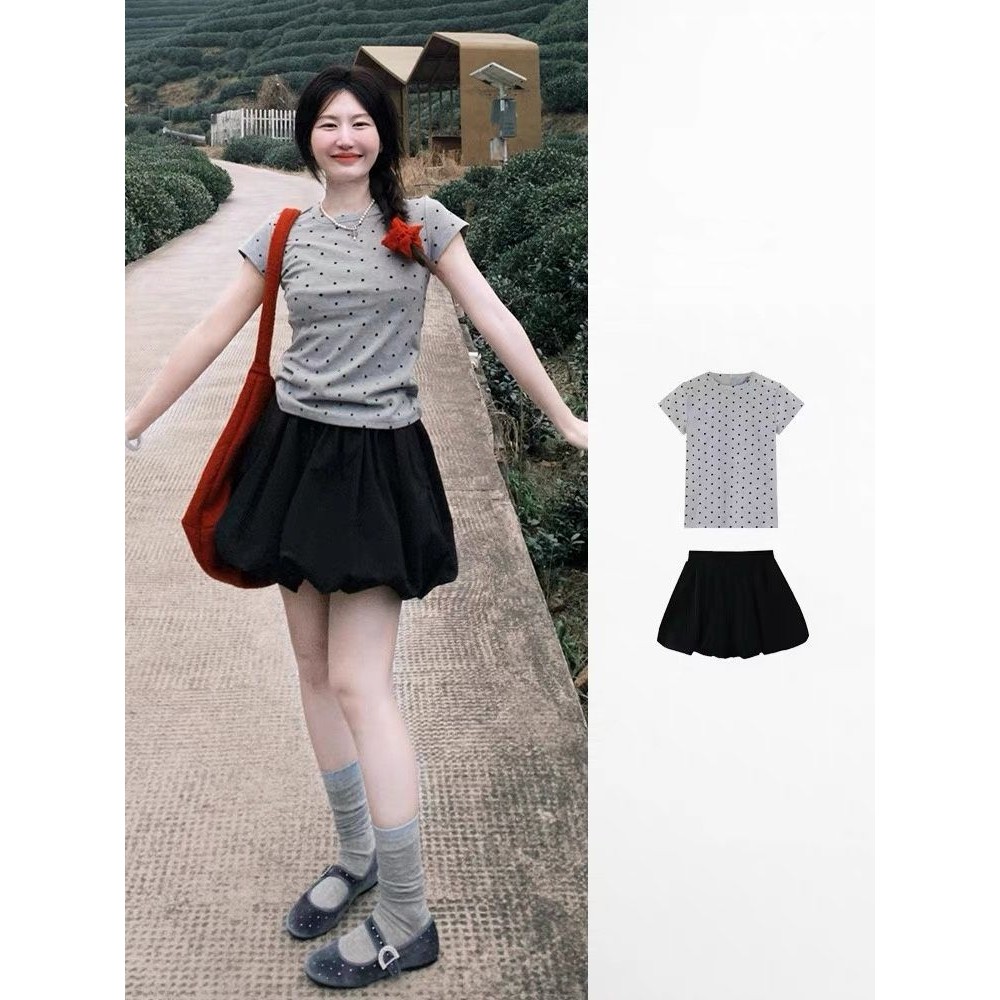 Korean ootd outfits a complete set of women's polka dot fron韩系ootd穿搭一整套女波点正肩短袖上衣蓬蓬花苞短裤两件套装4.30
