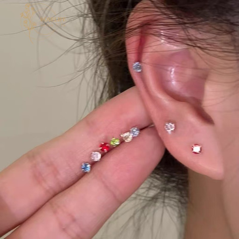 Roselife S925 Silver Minimalist Colorful Shining Rainbow Crystal Stud Earrings for Women Girls Mini Fashion Zircon Pierced Ear Jewelry Daily Accessories Gift