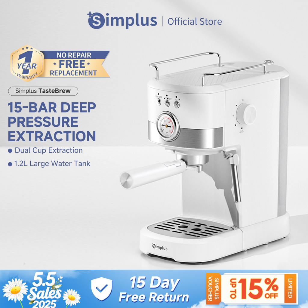 【New Launch】Simplus Coffee Maker Semi Automatic Espresso Extraction 15Bar High Pressure 1.2L Water Tank Mesin Kopi