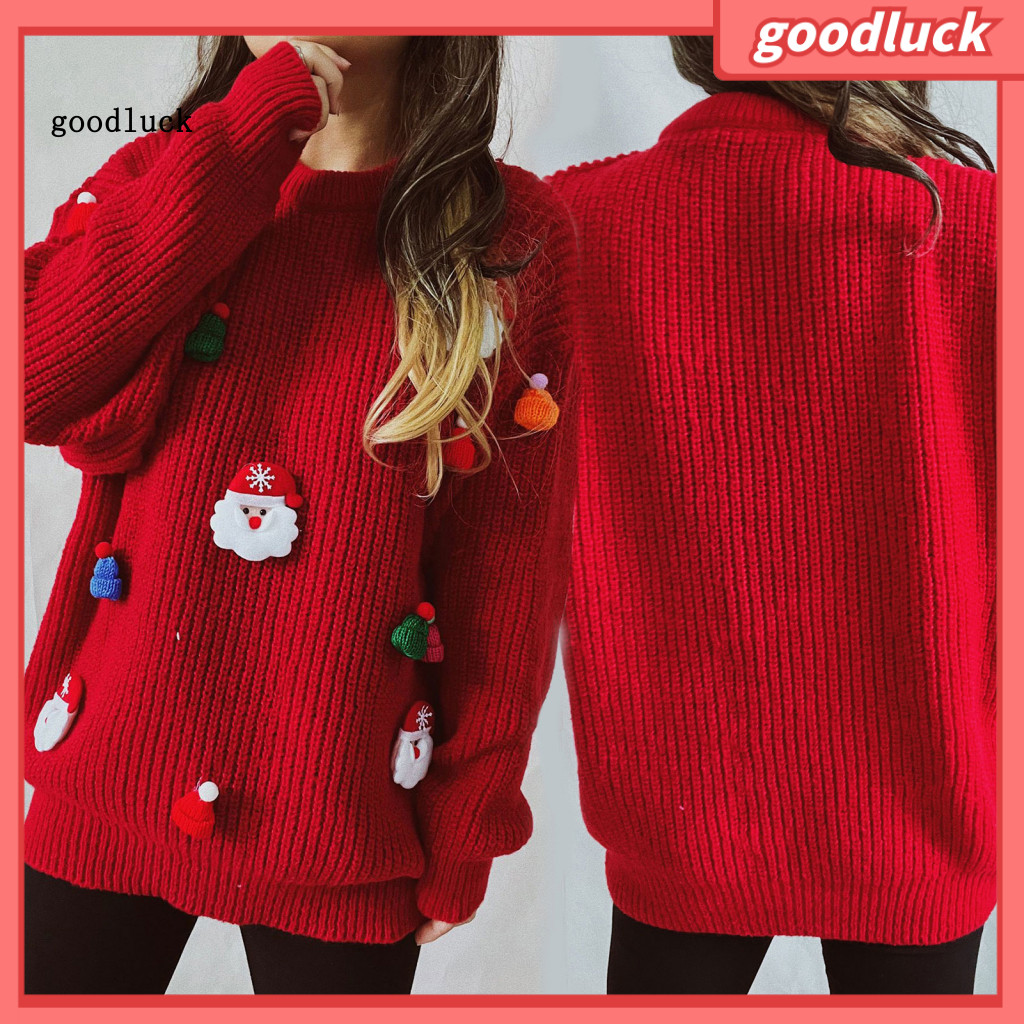 goodluck| Cozy Knitwear Loose Style Sweater Festive Santa Claus Christmas Sweater for Women Loose Fit Knit Top with Xmas Hat Design Round Neck Long Sleeve Autumn Winter Fashion