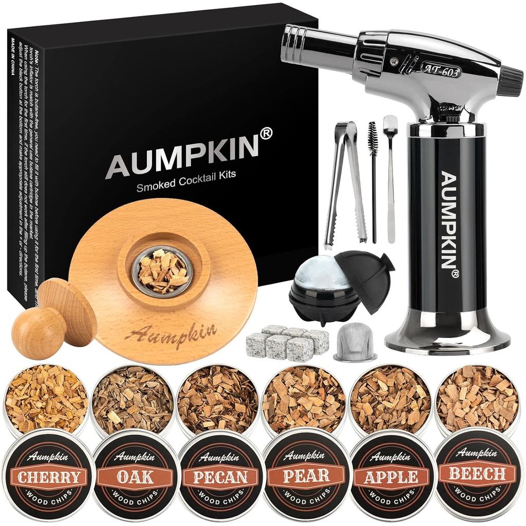 Cocktail Smoker Set with Torch - 6 Flavors Sawdust -- Bourbon Whiskey, Whiskey Smoker Injector, Old-fashioned Drink Smoker Kit, Birthday Bourbon Whiskey Gift, Men, Dad, Husband (No Butane)