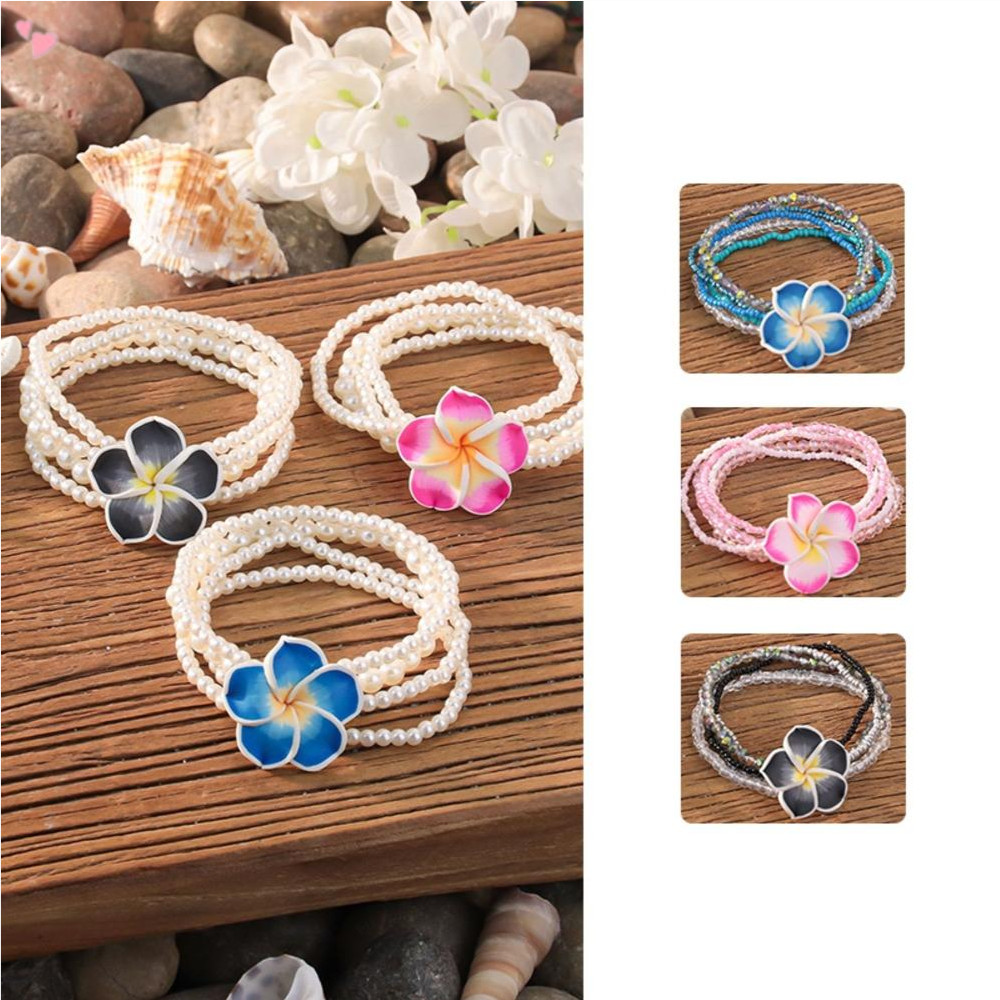 Hawaiian Plumeria Rubra Bracelets Bohemian Polymer Clay Beaded Stretch Bracelet for Women Tropical Flower Summer Beach Boho Jewelry