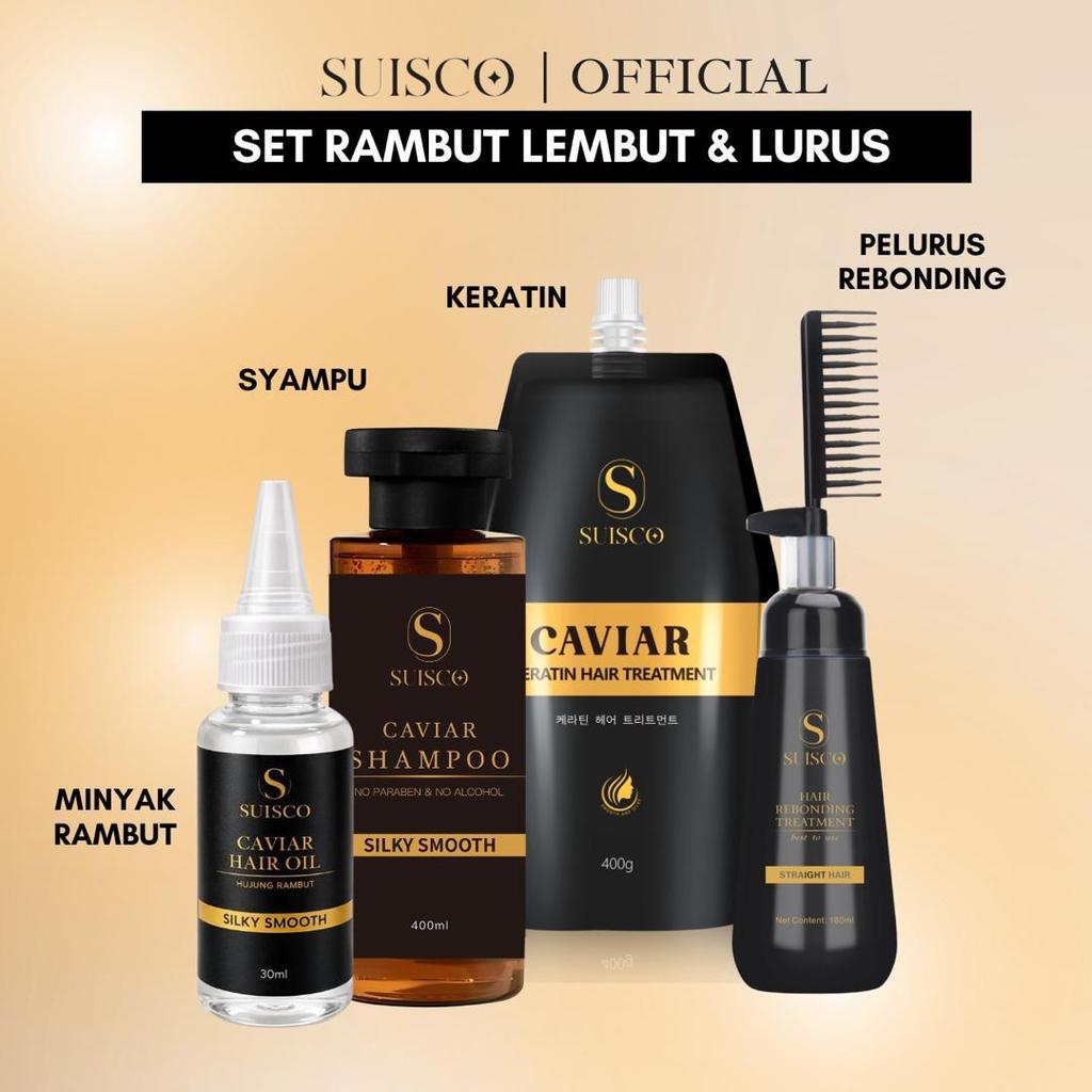 SUISCO | Caviar Silky Smooth & Hair Straightener Hair Care Set | Shampoo + Keratin Hair Treatment + Rebonding | Syampu