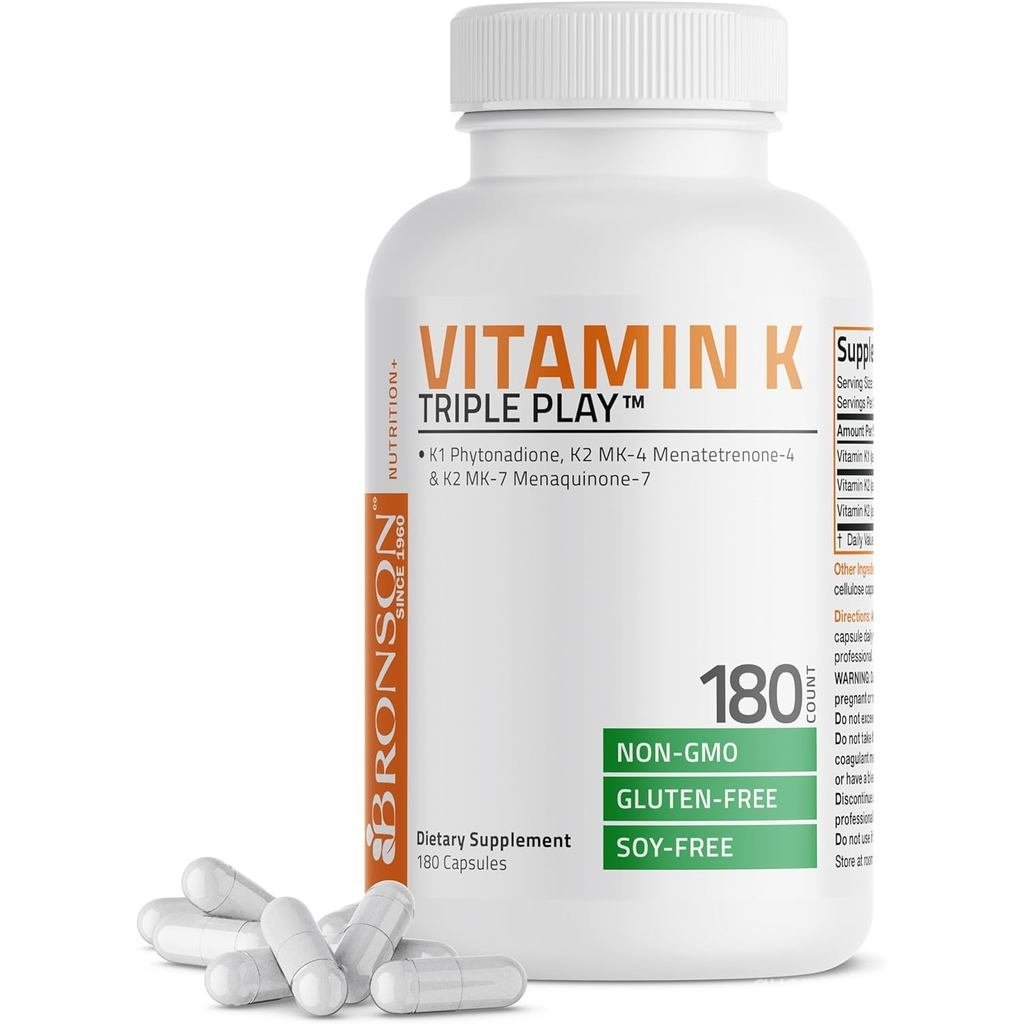 Vitamin K Triple Play (Vitamin K2 MK7 / Vitamin K2 MK4 / Vitamin K1) Suplemen Vitamin K Kompleks Spektrum Penuh, 180 Kapsul