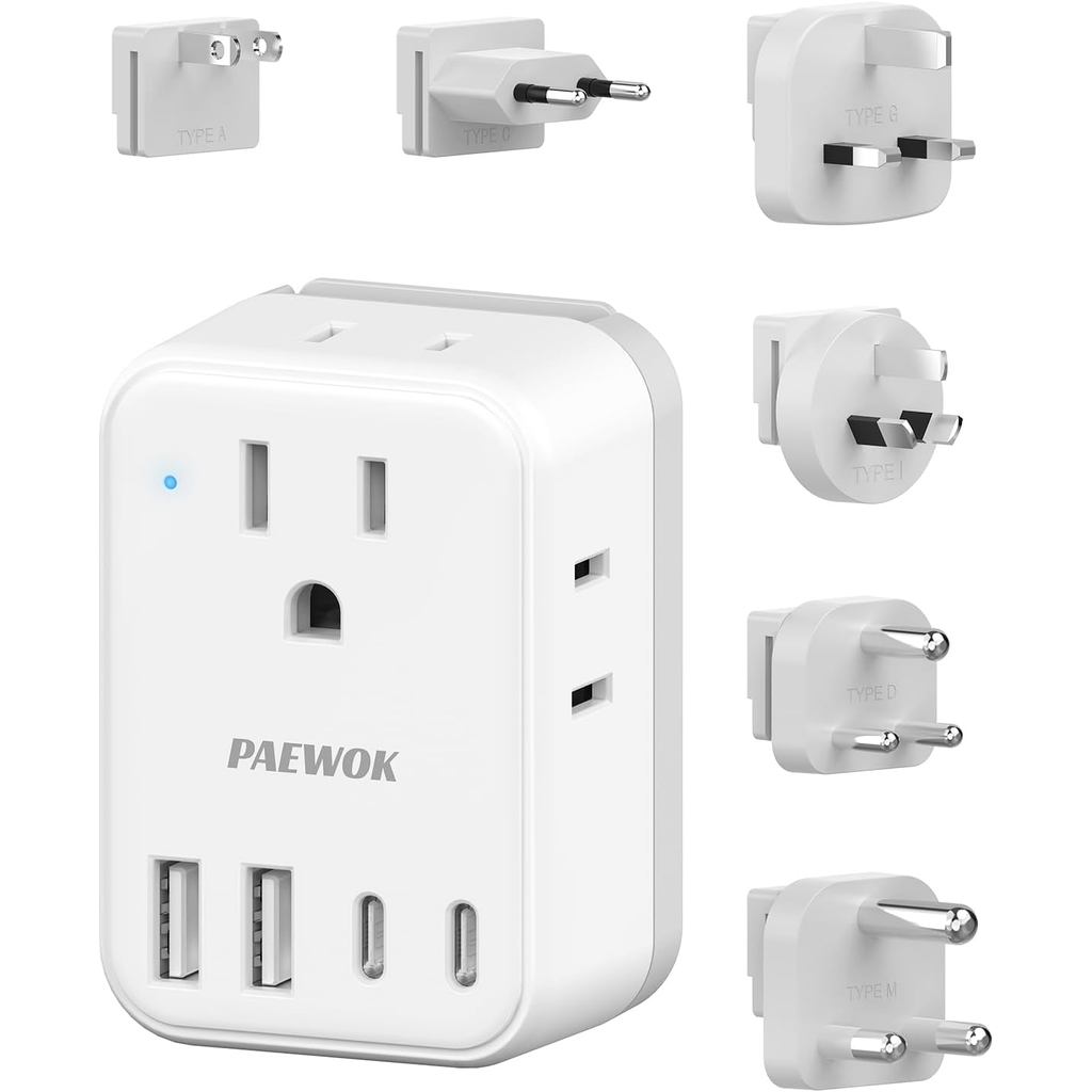 Set Penyesuai Kuasa Antarabangsa, Penyesuai Perjalanan Universal dari AS ke Seluruh Dunia - 4 Soket AC 4 Port USB (2 USB C), Palam Pengecas Boleh Tanggal Jenis C/G/A/I/D/M untuk EU/UK/AUS/Jepun/Afrika Selatan
