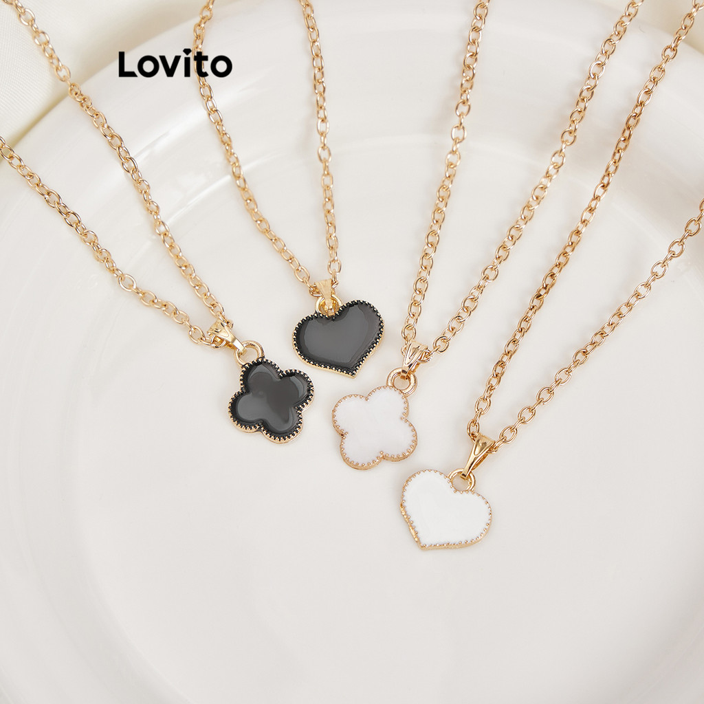 Lovito Casual Plain Metal Heart Necklaces for Women L60AD039 (White Clover/White Love/Black Clover/Black Love) Lovito Kalung Hati Logam Polos Kasual untuk Wanita