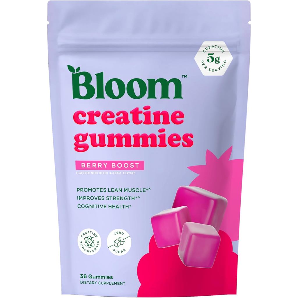 Bloom Creatine Monohydrate Gummies, 5g Per Serving, Sugar Free Creatine Gummy for Workout, Strength, Cognitive Health & Lean Muscle Support, Gluten Free & Non GMO, Berry Boost, 36