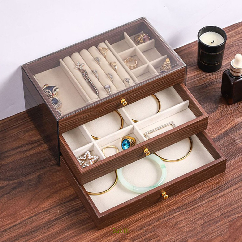 Batik 3 Layers Wooden Jewelry Storage Box Transparent Window Drawer Rings Necklace Bracelet Earrings Organizer Case