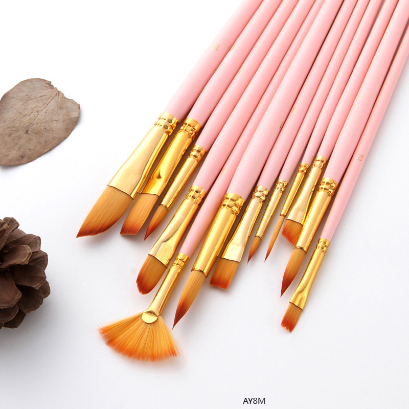AY8M-Artist Paint Brushes 12pcs Acrylic Oil Watercolour Painting Nylon Hair Wooden Artist Paint Brushes