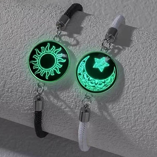 YX 2 PCS/SET Sun Moon Couple Bracelet Stainless Steel Glow in Dark Time Gemstone Matching Set Y2K Aesthetic Gift for Him Her Love Jewelry Trendy