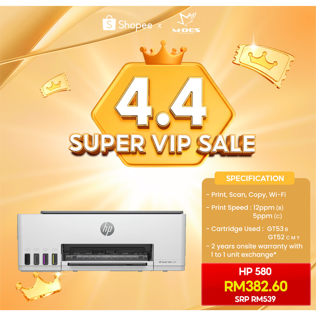 HP Smart Tank 580 / 520 All In One A4 Ink Tank Color Printer / Print Scan Copy Wi-Fi / HP GT53 HP GT52 Ink/HP Smart Tank