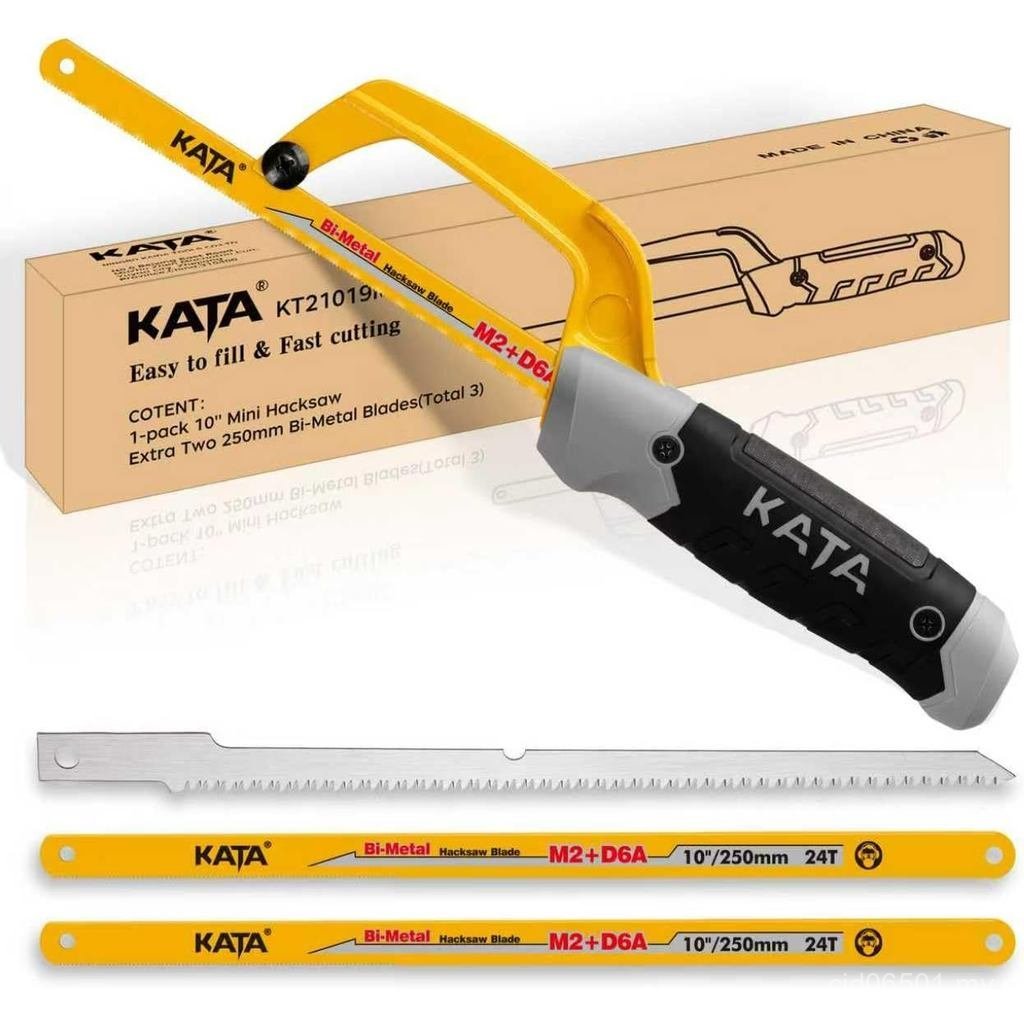 Gergaji Besi Mini KATA untuk Memotong Logam, Alat Gergaji Tangan Padat dengan Bingkai Aluminium 10 Inci, Bilah HSS M2+D6A Lebih Fleksibel 2PC dan Bilah Gergaji Kerja Kayu 1PC, Memotong Meta Dinding Nipis