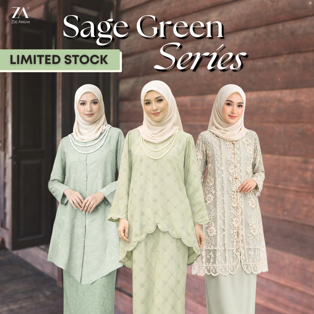 [SAGE GREEN SERIES] ZOE ARISAH Baju Kurung Raya 2026 Moden Kebaya Kebarung Lace Wanita Muslimah Kurung Kedah Pahang Baru