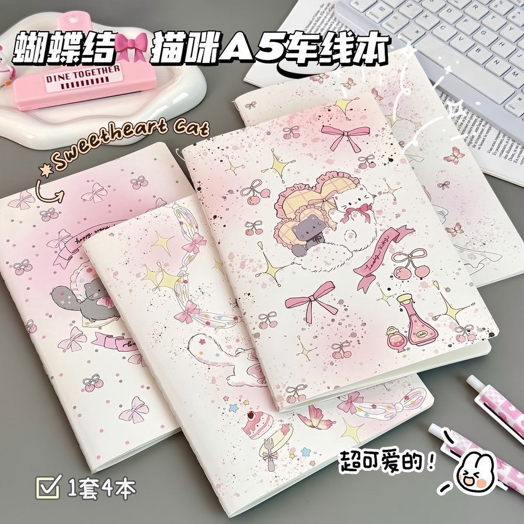 [Hot-selling Diary] Salt Style Bowknot Cat A5 Car Line Notebook ins High-value Student Daily Dedicated Thickened Horizontal Line Notepad