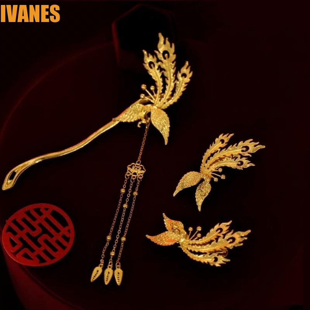 IVANES Phoenix Hairpin Set, Alloy Ancient Style Tassel Hairpins, Retro Hair Stick New Chinese style Gold Bridal Hair Ornament Hanfu Accessories