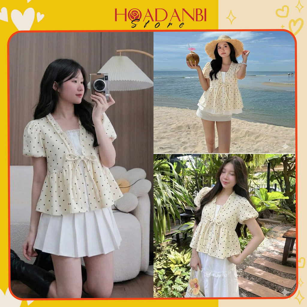 Bow Collar Shirt with Ruffled SleevesWomen's Fashion, Super Cute Polka Dot Lady's Blouse