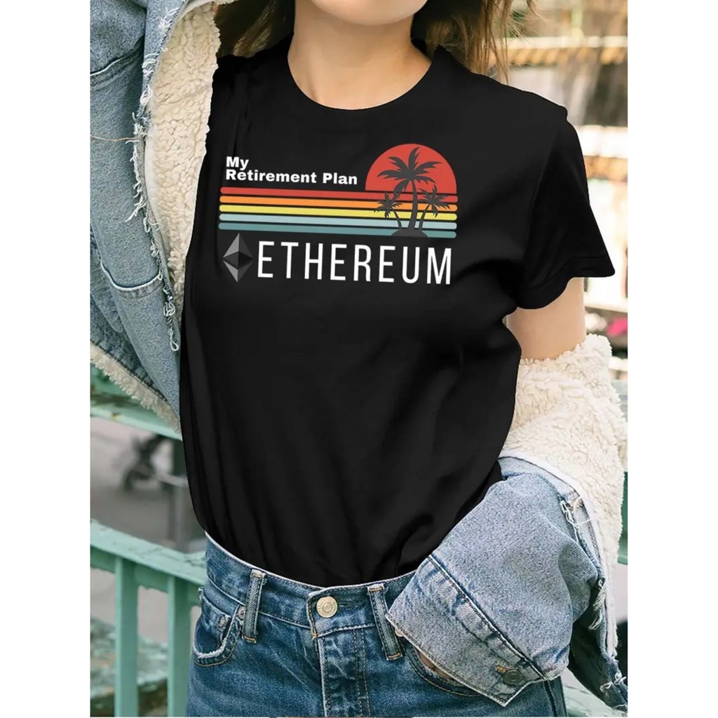 Women s Ethereum My Retirement Plan Retro Graphic T Shirt Bold Crypto HODL Design with Sunset Palm T